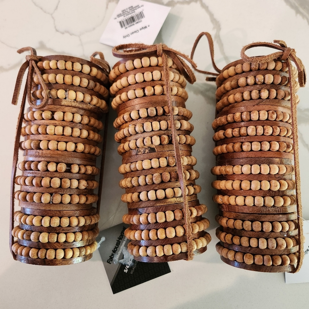 NWT Napkin Rings, set of 12 (3 bundles of 4), Beaded Acacia Wood, Natural, Boho